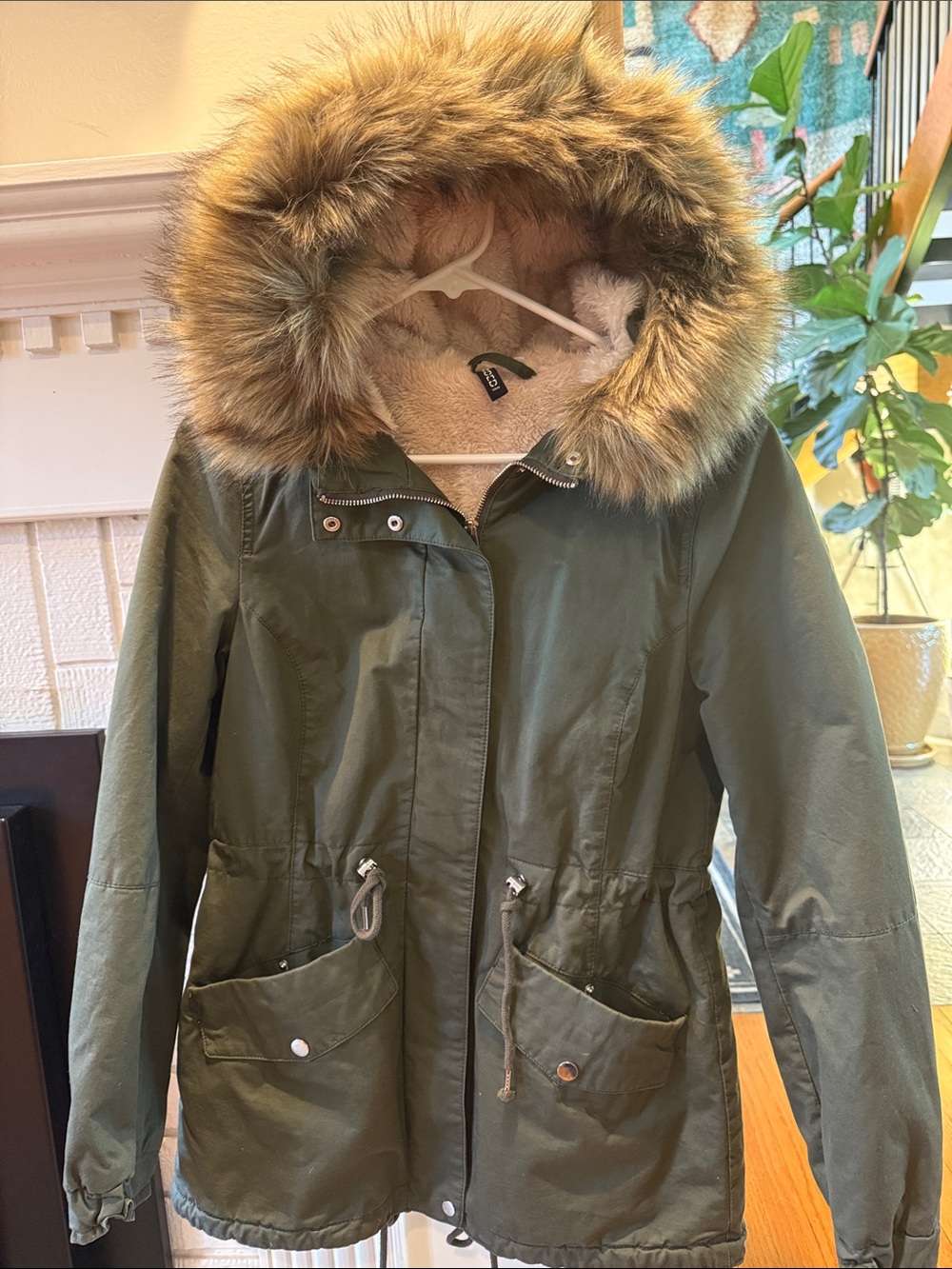 H&M Olive Green Utility Parka with Faux-Fur Hood